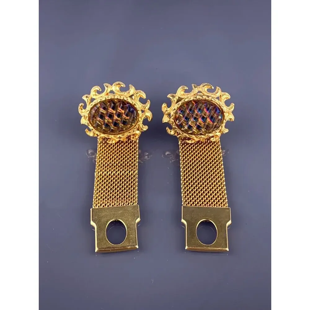 Dichroic Glass Cufflinks Wrap Around Gold Plated Blue to Orange Scrolls Vintage